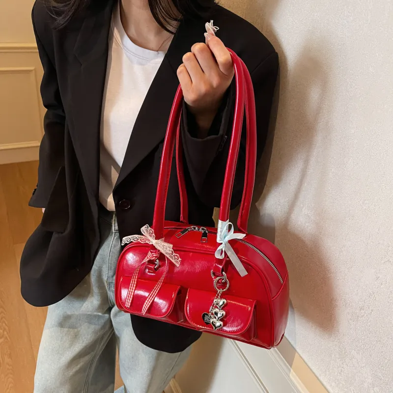 Yalu PU Bowling Bag, Shoulder Bag Women's Black/Ecru/Burgundy/Blue/Pink-16
