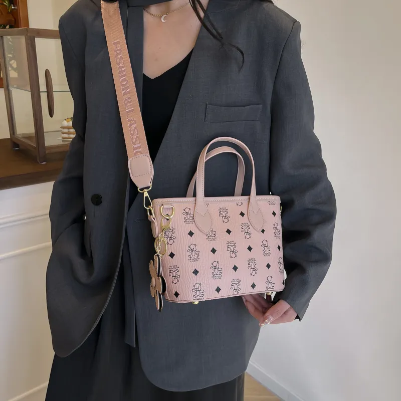 Yalu PU Basket Bag, One Shoulder Handbag Medium Size Women's Ecru/Pink/Brown/Black-9