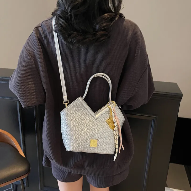 Yalu PU Basket Bag, One Shoulder Handbag Women's Silver/Blue/Ecru/Pink/Black-4