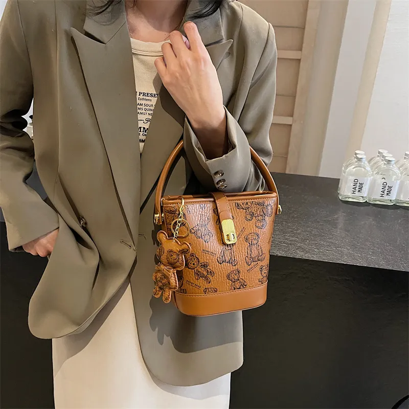 Yalu PU Bucket Bag, One Shoulder Handbag Women's Black/Brown/Ecru/Pink-9