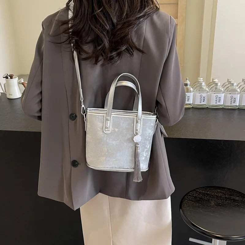 Yalu PU Handbag Regular Women's Black/Ecru/Silver/Pink-16