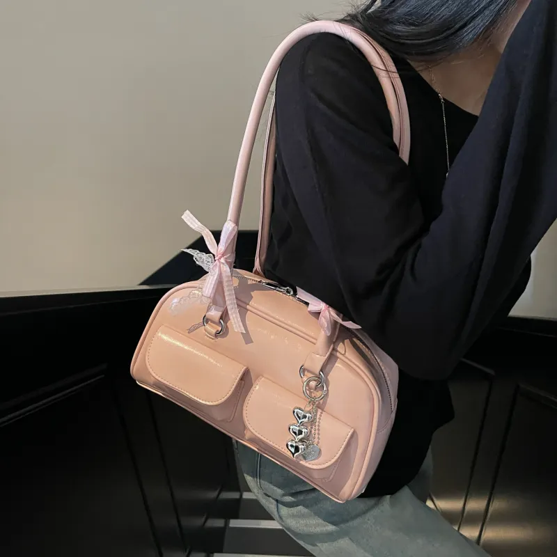 Yalu PU Bowling Bag, Shoulder Bag Women's Black/Ecru/Burgundy/Blue/Pink-31