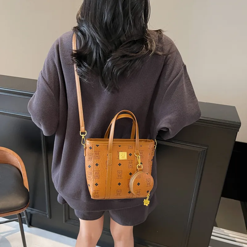 Yalu PU Basket Bag, One Shoulder Handbag Women's Pink/Brown/Ecru-11