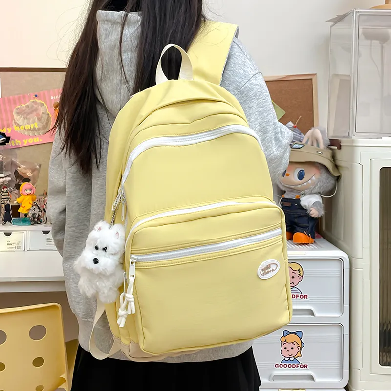 Yalu Nylon Fabric Backpack Regular Unisex Black/White/Blue/Pink/Custard-3