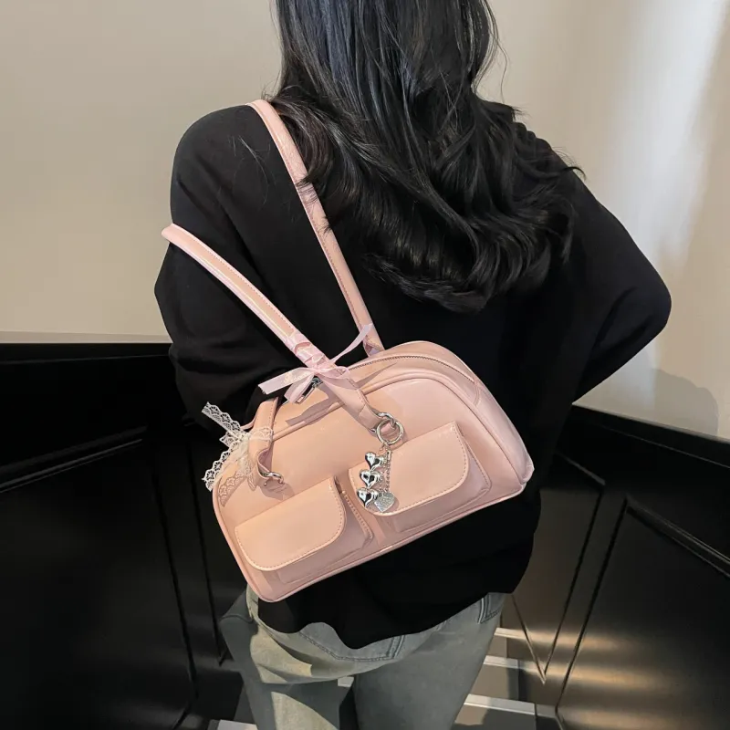 Yalu PU Bowling Bag, Shoulder Bag Women's Black/Ecru/Burgundy/Blue/Pink-32