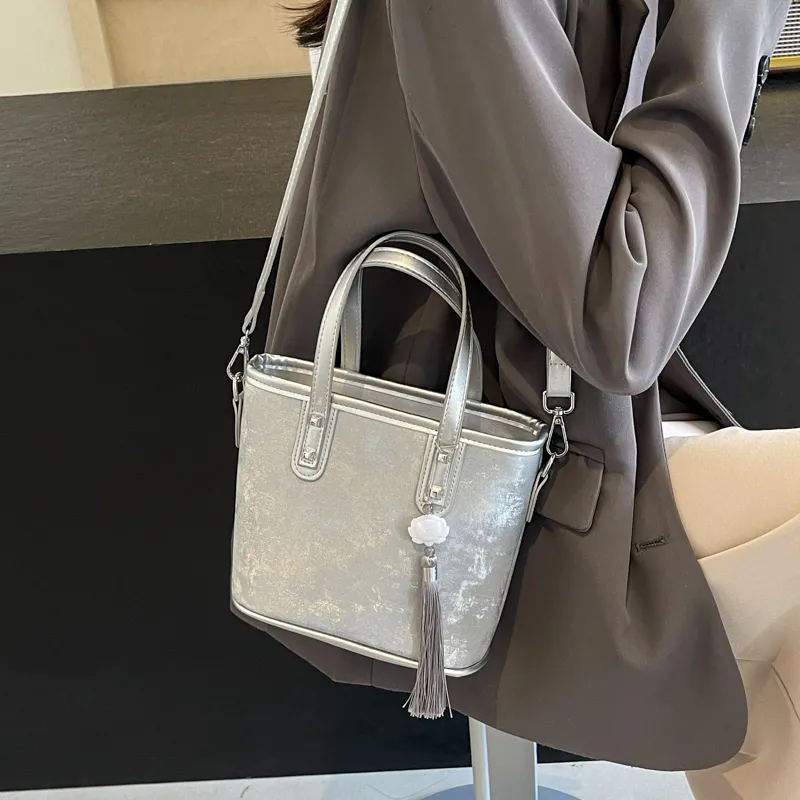 Yalu PU Handbag Regular Women's Black/Ecru/Silver/Pink-18