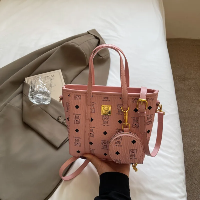Yalu PU Basket Bag, One Shoulder Handbag Women's Pink/Brown/Ecru-2