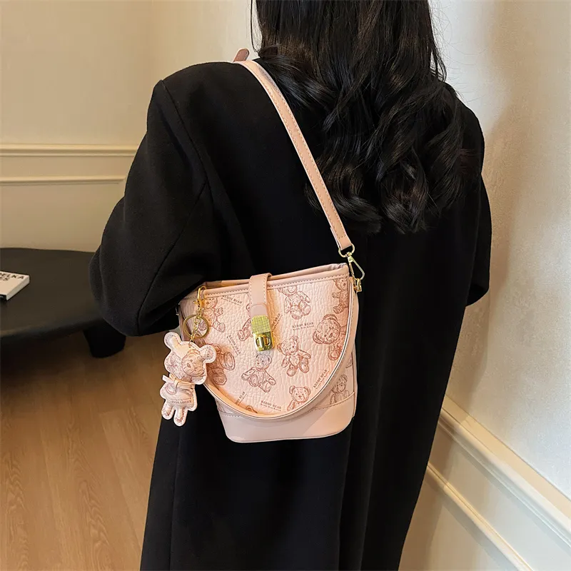 Yalu PU Bucket Bag, One Shoulder Handbag Women's Black/Brown/Ecru/Pink-25