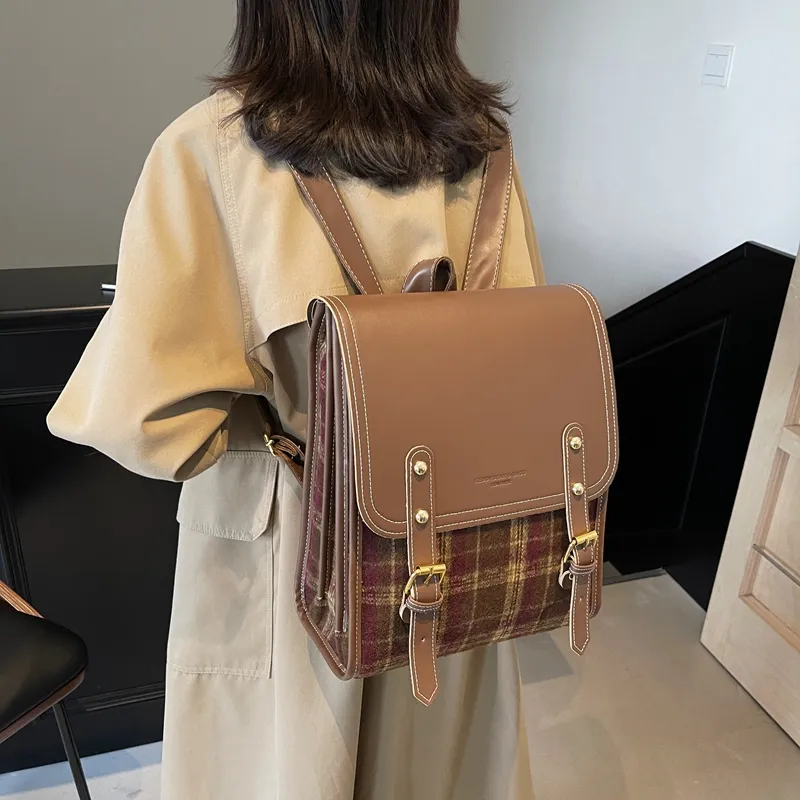 Yalu PU Backpack Women's Pink Plaid/Green Plaid-4