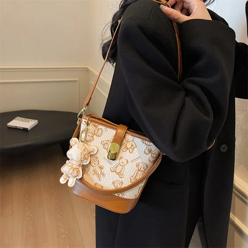 Yalu PU Bucket Bag, One Shoulder Handbag Women's Black/Brown/Ecru/Pink-17