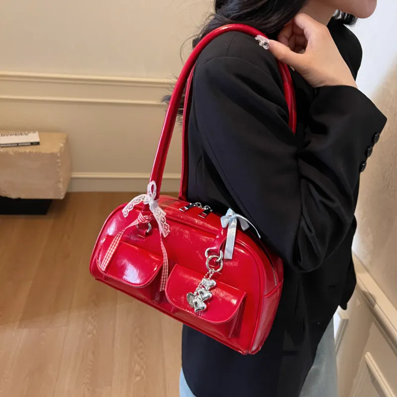 Yalu PU Bowling Bag, Shoulder Bag Women's Black/Ecru/Burgundy/Blue/Pink-18