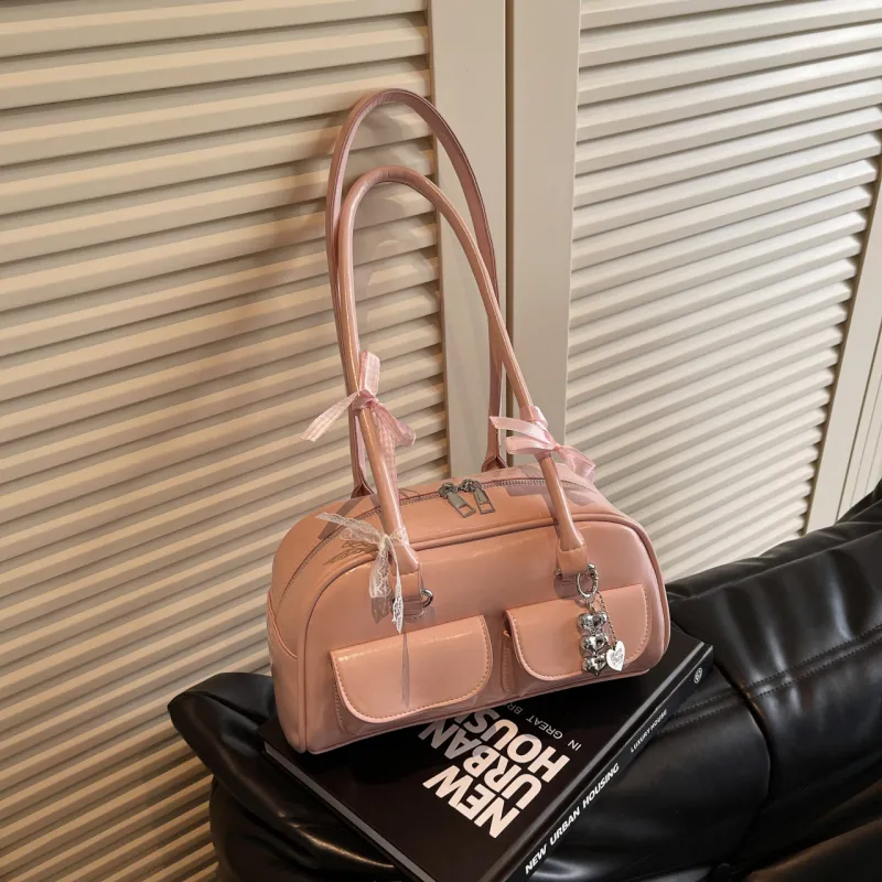 Yalu PU Bowling Bag, Shoulder Bag Women's Black/Ecru/Burgundy/Blue/Pink-33