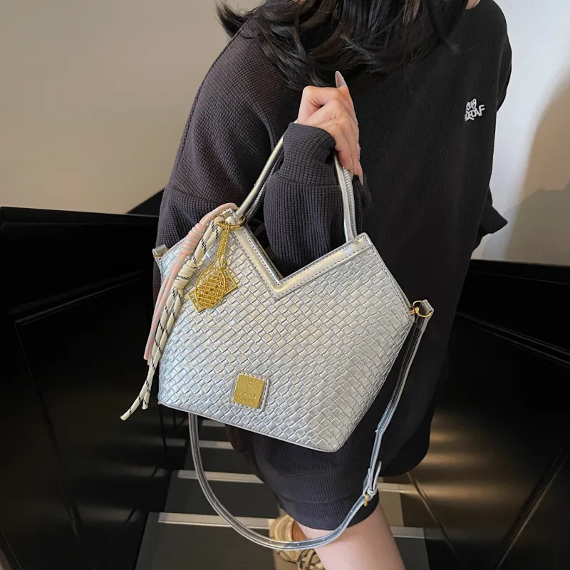 Yalu PU Basket Bag, One Shoulder Handbag Women's Silver/Blue/Ecru/Pink/Black-2
