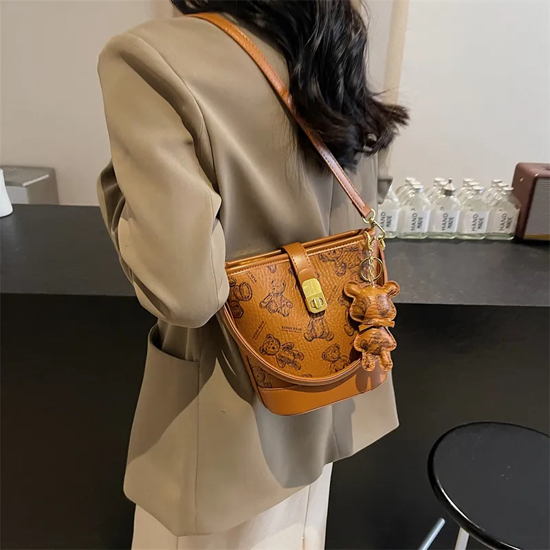 Yalu PU Bucket Bag, One Shoulder Handbag Women's Black/Brown/Ecru/Pink-11
