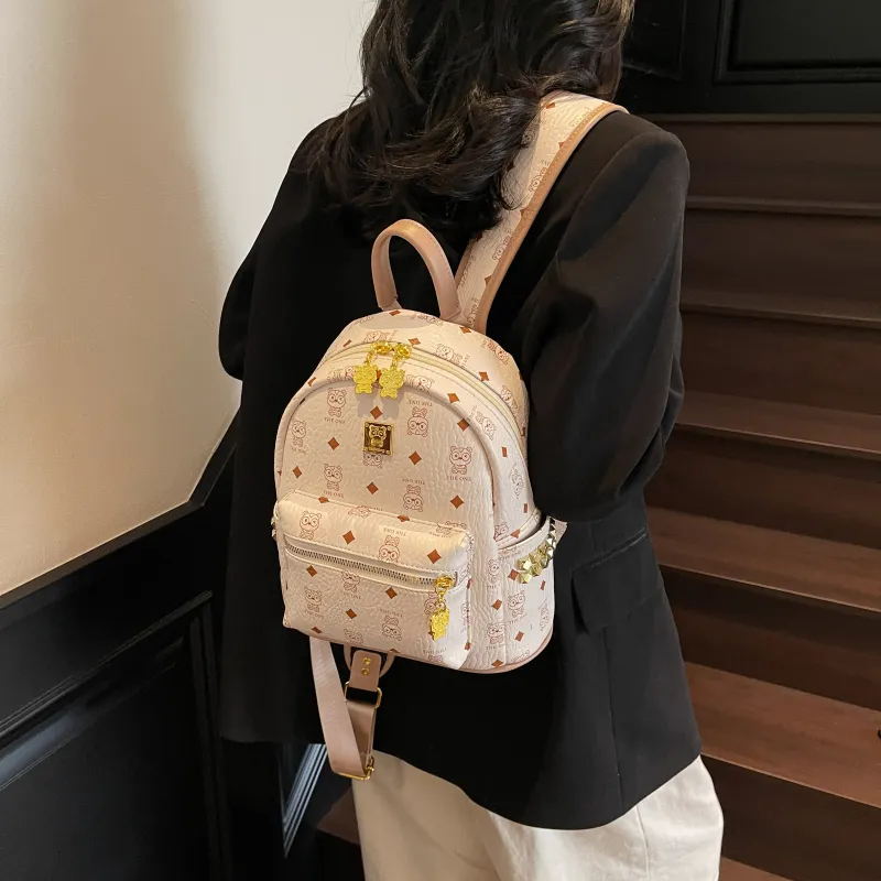 Yalu PU Backpack Women's Brown/Ecru/Pink-9