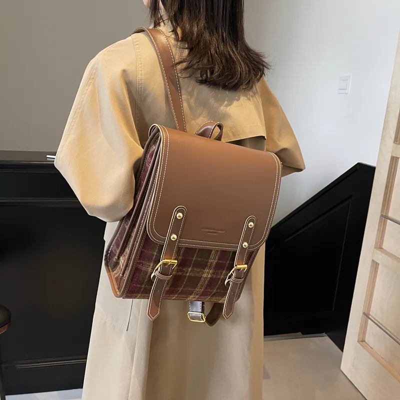 Yalu PU Backpack Women's Pink Plaid/Green Plaid-2
