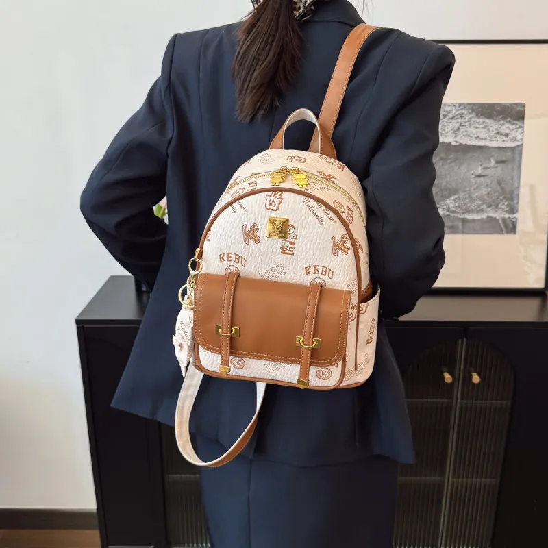 Yalu PU Backpack Women's Ecru/Brown/Pink/Black-3