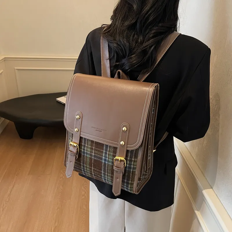 Yalu PU Backpack Women's Pink Plaid/Green Plaid-10