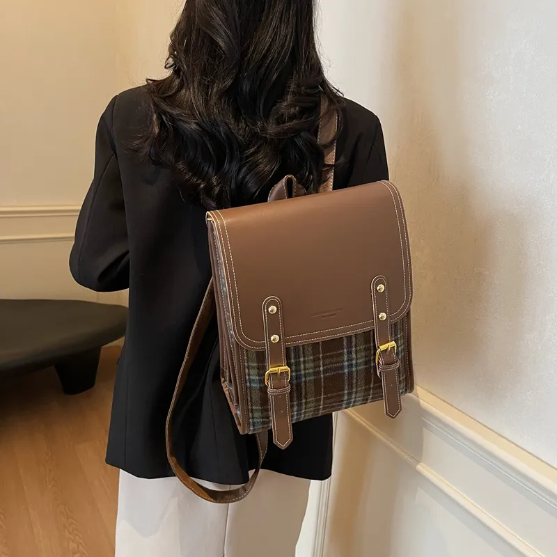 Yalu PU Backpack Women's Pink Plaid/Green Plaid-11