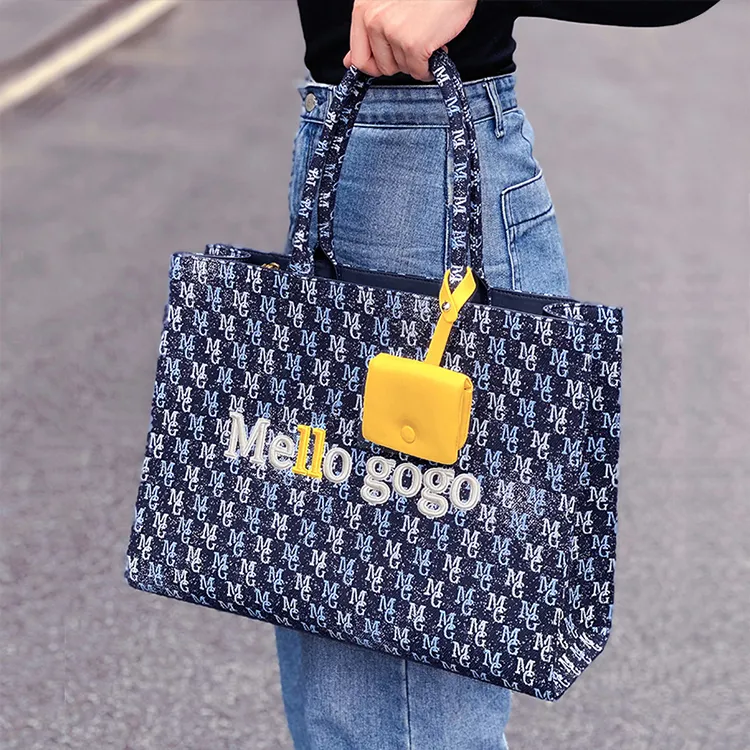 MELLO GOGO Fabric Tote Bag Shopping Bag Shoulder Bags Handbags Large Size Women's Midnight Black/Midnight Blue-8