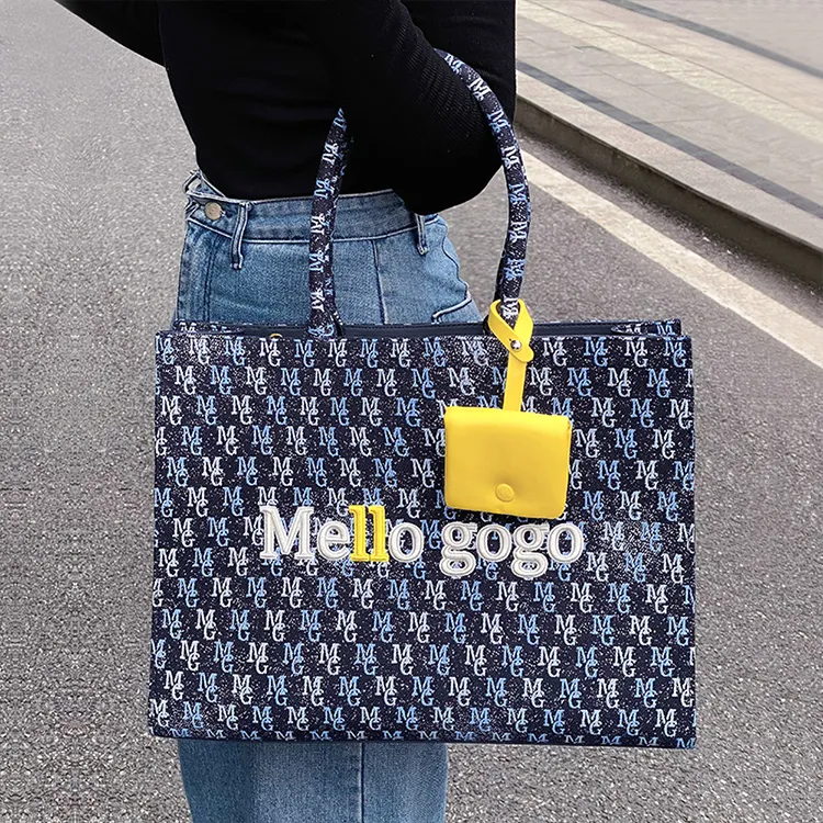 MELLO GOGO Fabric Tote Bag Shopping Bag Shoulder Bags Handbags Large Size Women's Midnight Black/Midnight Blue-9