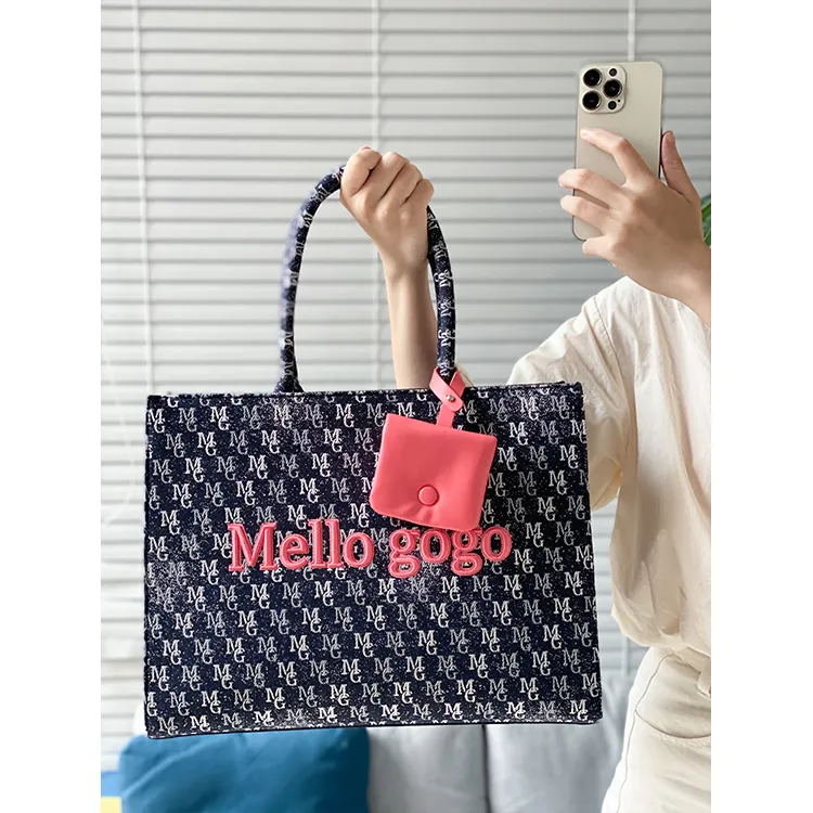 MELLO GOGO Fabric Tote Bag Shopping Bag Shoulder Bags Handbags Large Size Women's Midnight Black/Midnight Blue-3