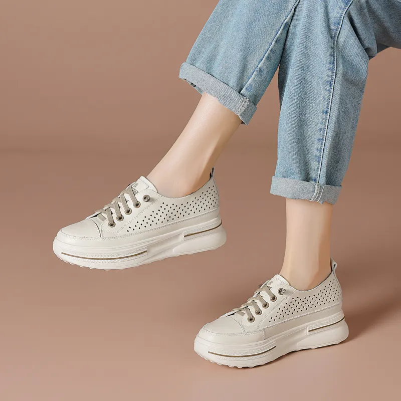 BOERDIQI Breathable Lightweight Height Increasing Low Top Casual Shoes Women's Beige Khaki-2