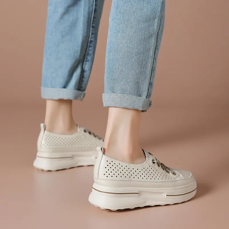 BOERDIQI Breathable Lightweight Height Increasing Low Top Casual Shoes Women's Beige Khaki-5