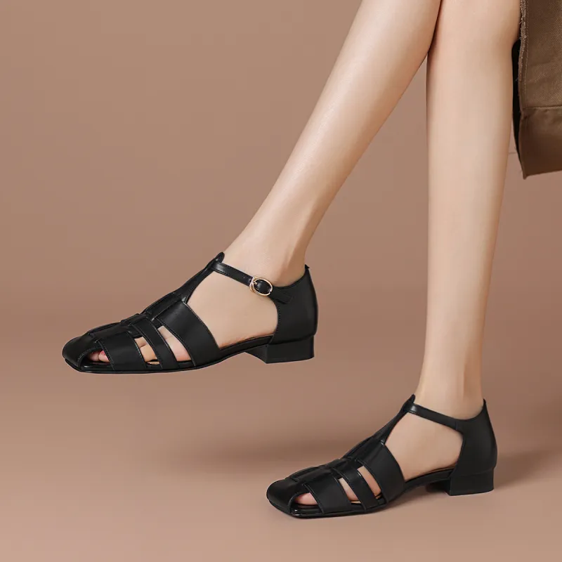 BOERDIQI Pig Cage Shoes Roman Sandals 2cm Women's Black-1