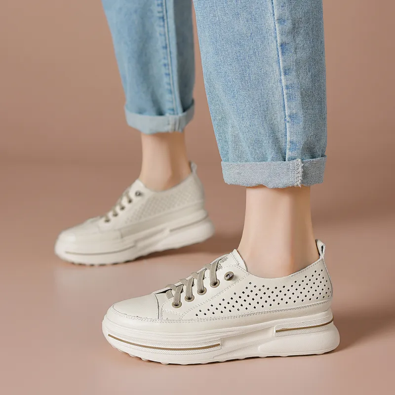 BOERDIQI Breathable Lightweight Height Increasing Low Top Casual Shoes Women's Beige Khaki-3