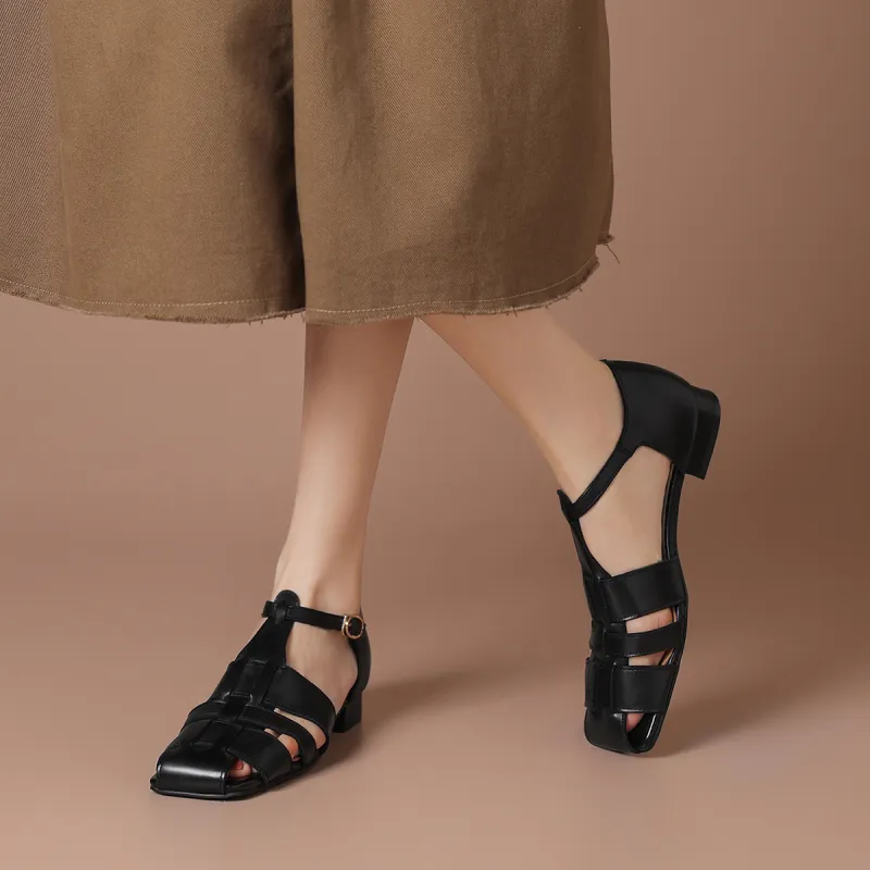 BOERDIQI Pig Cage Shoes Roman Sandals 2cm Women's Black-3