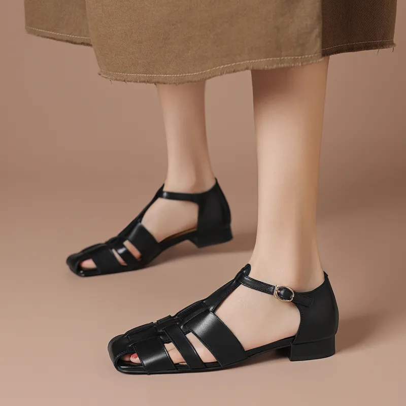 BOERDIQI Pig Cage Shoes Roman Sandals 2cm Women's Black-2