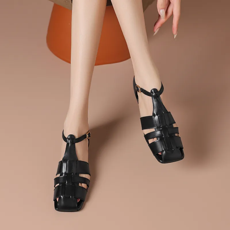 BOERDIQI Pig Cage Shoes Roman Sandals 2cm Women's Black-5