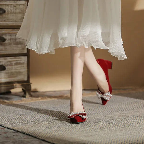 Ainer cat Chunky Heel High Heels 5cm Women's Red-4