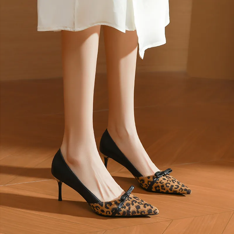 Ainer-cat Slim Heel High Heels 7cm Women's Brown Leopard Print-3
