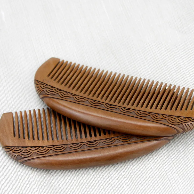 XIBI Double Sided 3D Effect Carved Without Handle Peachwood Comb Straight Hair-2