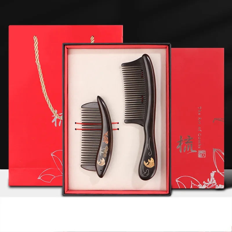 XIBI African Blackwood Wood Inlaid Fish And Snail Mother-of-Pearl Work Wooden Comb Straight Hair-2