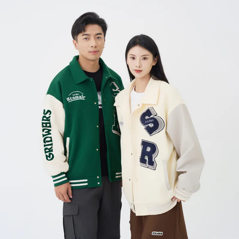 STANAIR Letter Embroidered Drop Shoulder Loose Fit Baseball Jacket Unisex-12