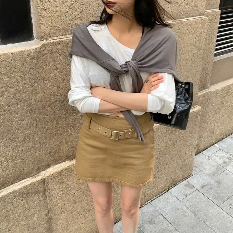 ZHOUMIAO Denim Short Skirts Women's Khaki-2