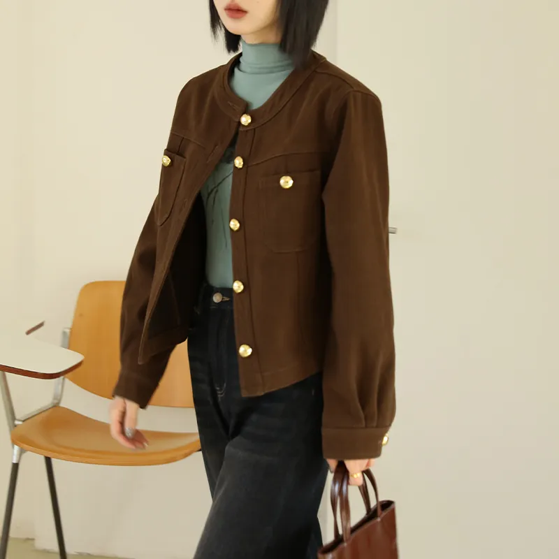 Luqingyi Denim Jacket Women's Coffee Brown-2
