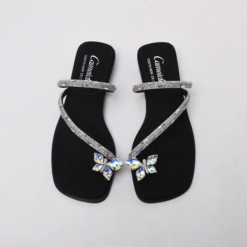 CAMEIDO Rhinestone Slip Resistant Slide Slippers Women's Black-2
