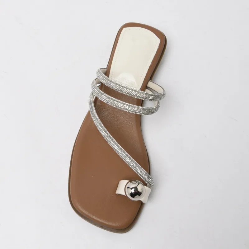CAMEIDO Rhinestone Slip Resistant Slide Slippers Women's Beige-2