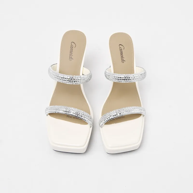 CAMEIDO Rhinestone Slip Resistant Slide Slippers Women's Ecru-2
