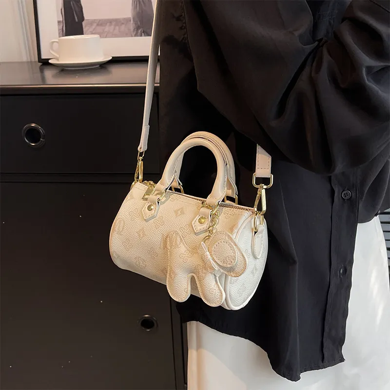 MARKANGARO Synthetic Leather Boston Bag Regular Unisex White/Dark Brown/Pink-15