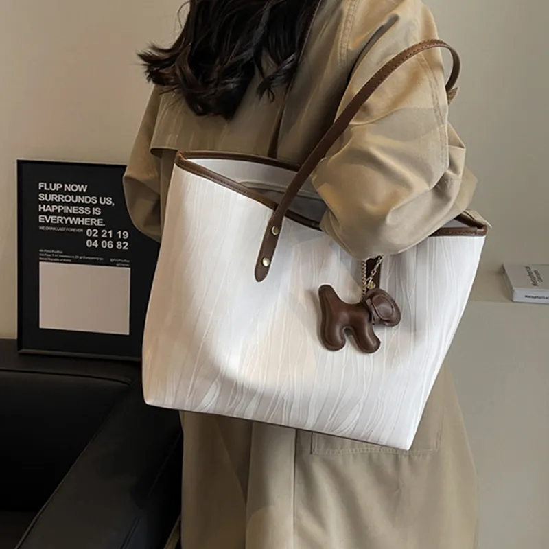 MARKANGARO PU Tote Bag Shoulder Bag Medium Size Unisex Black/White With Coffee/White With Khaki-3