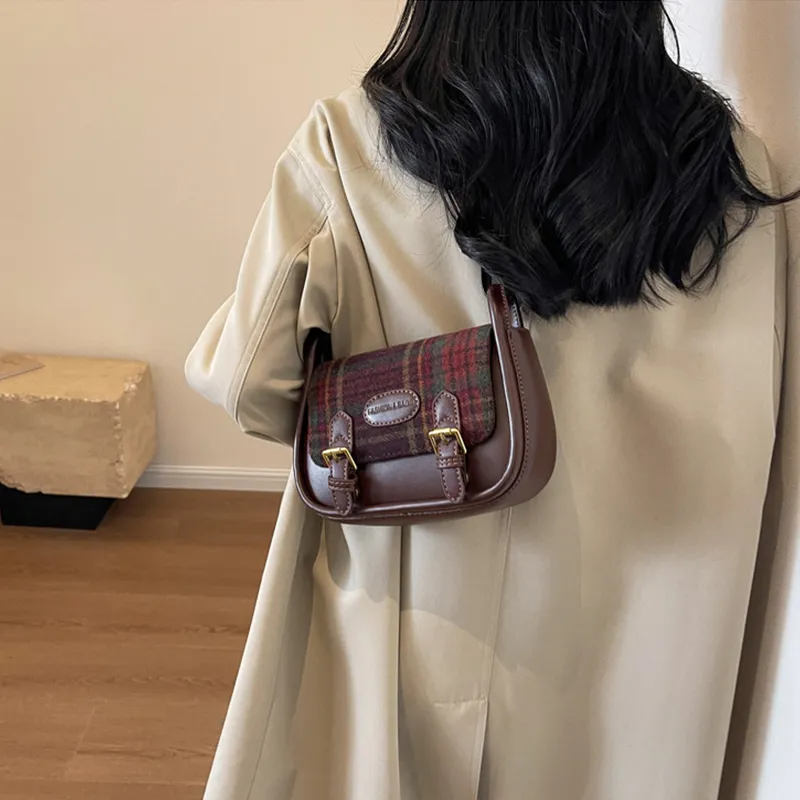 MARKANGARO Woolen Small Square Bag Shoulder Bag Crossbody Bag Regular Women's Red Plaid/Brown Plaid/Green Plaid-3