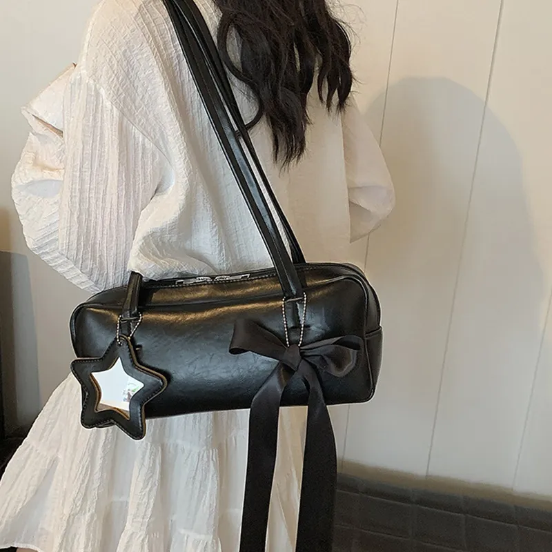 MARKANGARO Synthetic Leather Bowling Bag Shoulder Bag Women's Black/White/Pink-2