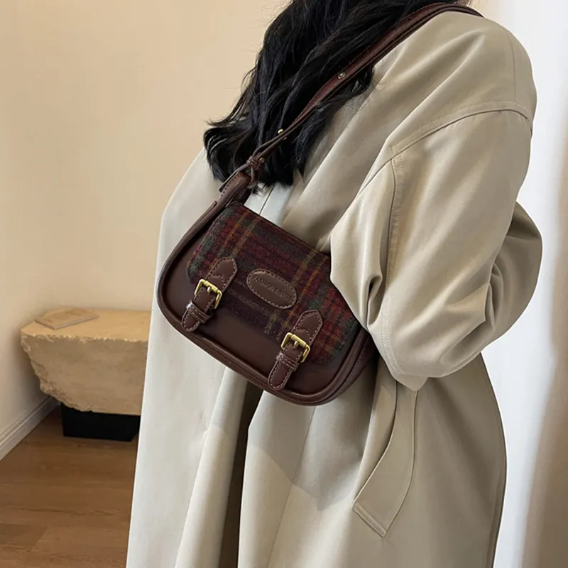 MARKANGARO Woolen Small Square Bag Shoulder Bag Crossbody Bag Regular Women's Red Plaid/Brown Plaid/Green Plaid-4