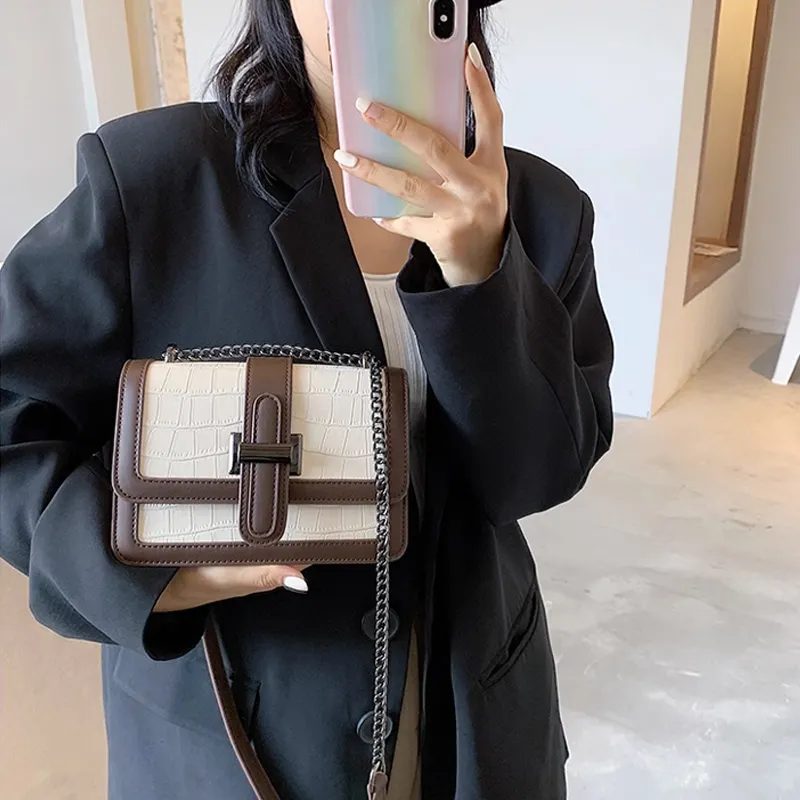 MARKANGARO PU Small Square Bag Shoulder Bag Crossbody Bag Handbag Regular Unisex Ecru/Black/Khaki-23