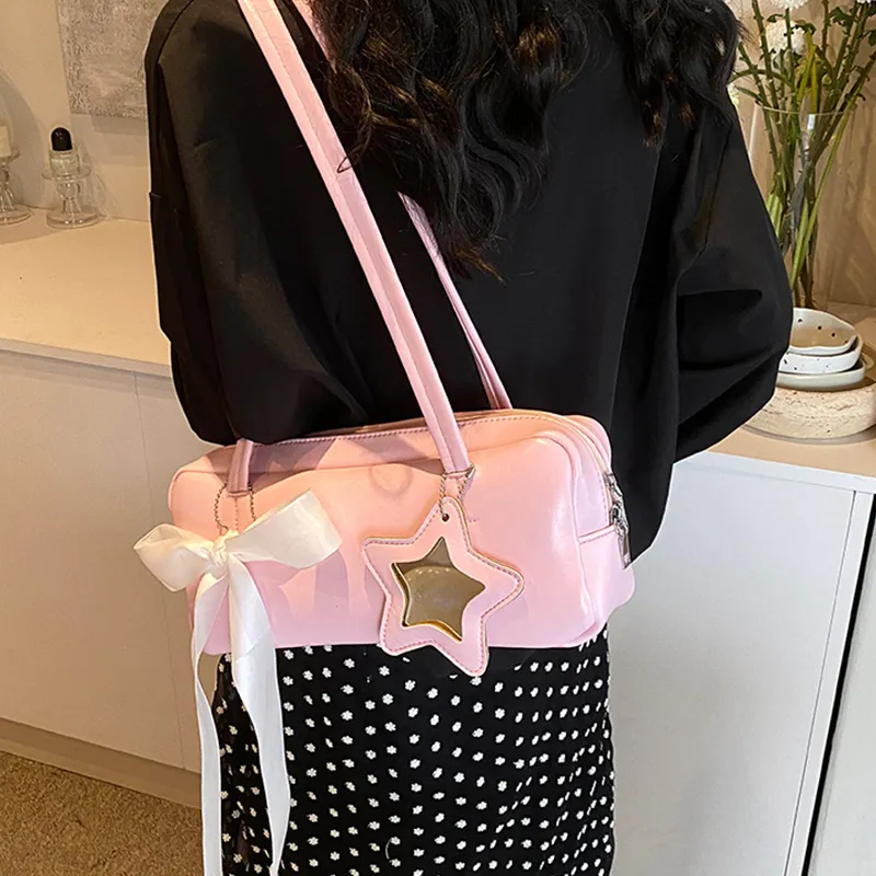 MARKANGARO Synthetic Leather Bowling Bag Shoulder Bag Women's Black/White/Pink-16